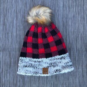 Pom Pom Knit Taboggan Beanie Hat Buffalo Plaid Red Black Purple Fleece Lined